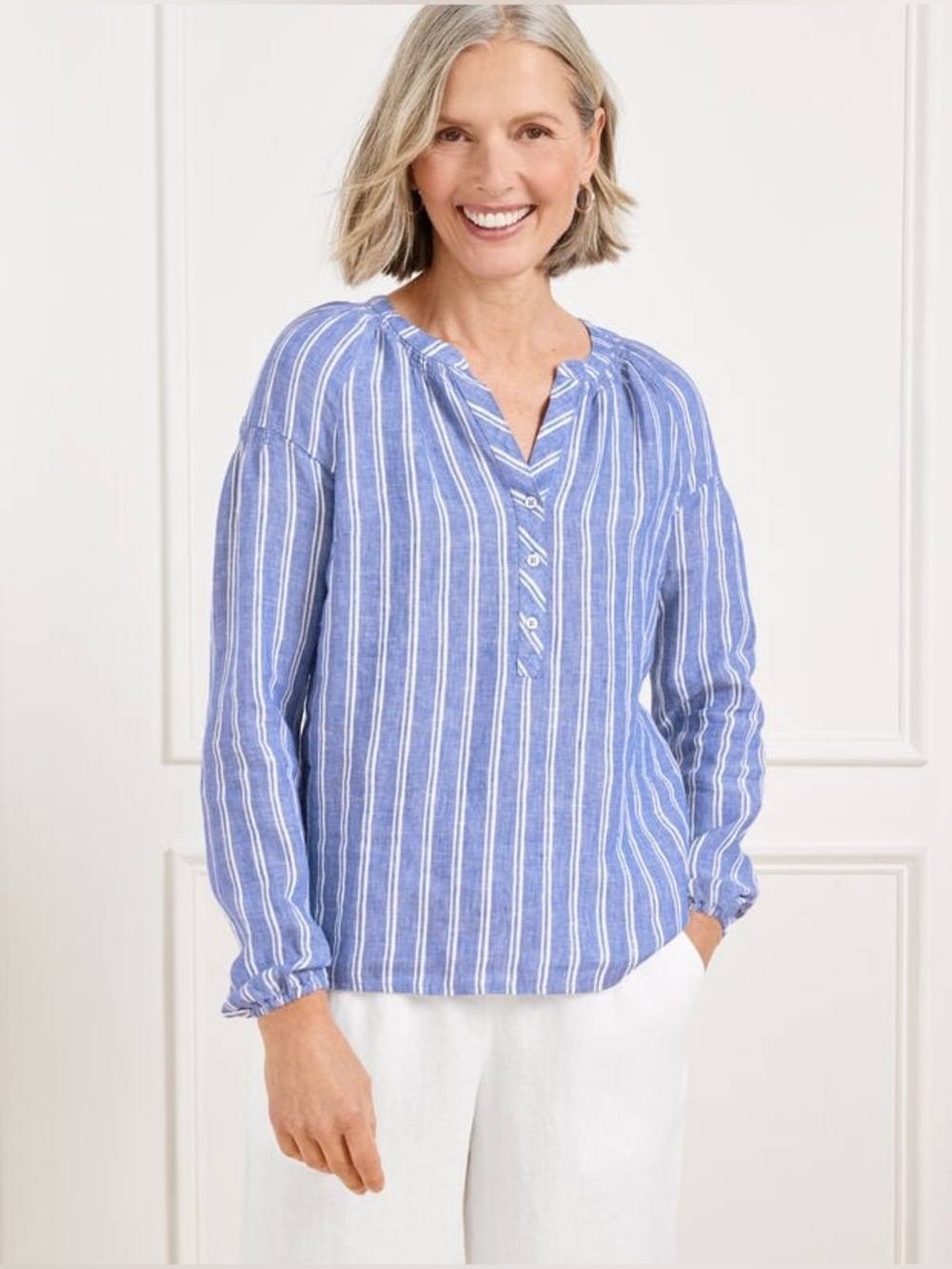 Talbots Petite Blue White Striped 100% Linen Split Neck Blouse Top Size P